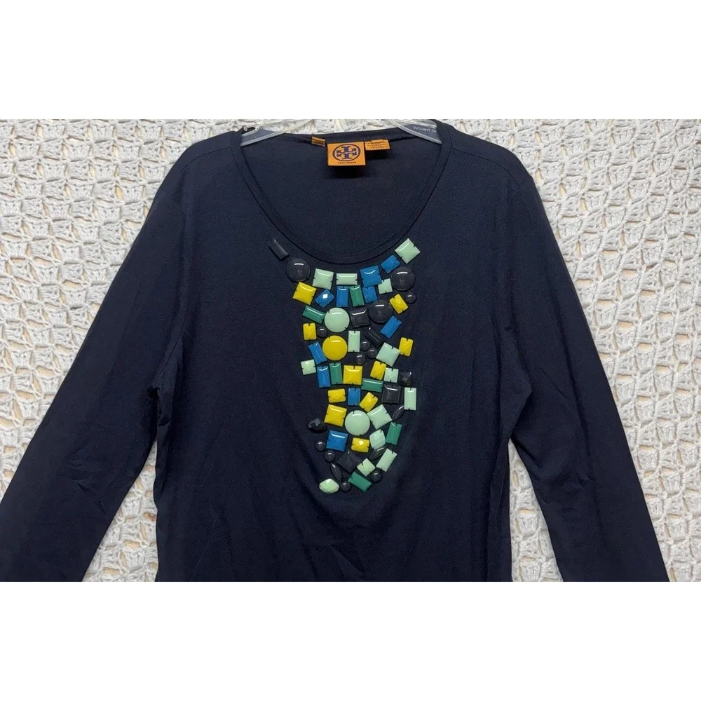 Tory Burch Top Shirt Size M Navy Blue 3/4 Sleeve‎  Bling Cotton Modal  Blouse